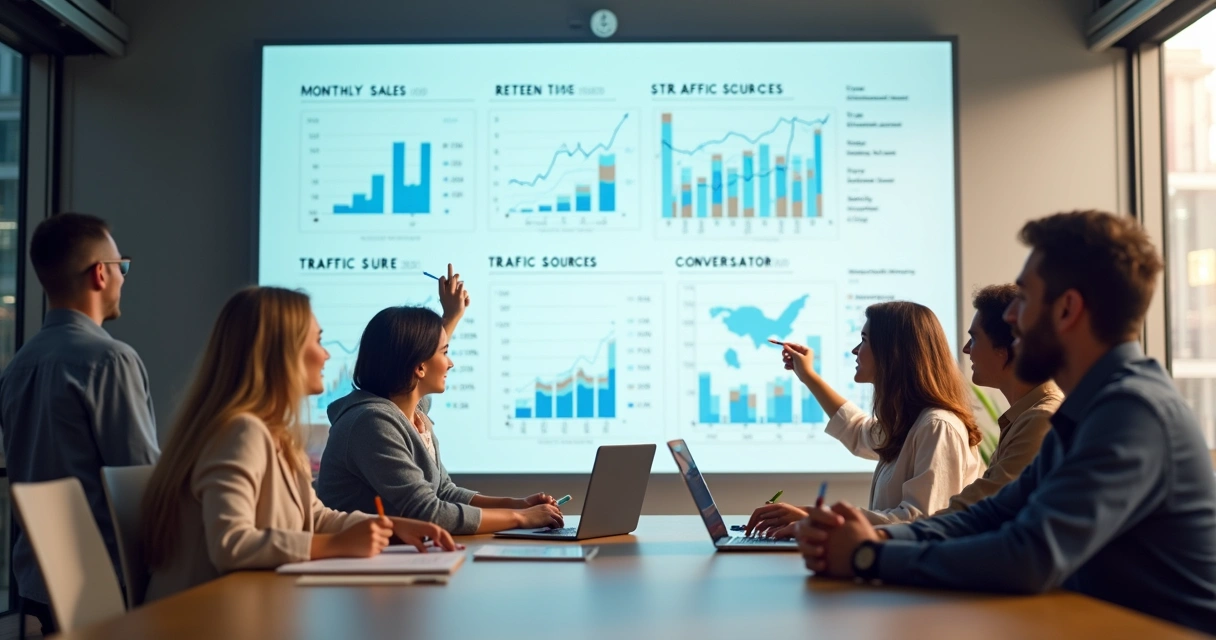 Equipe em reunião analisando indicadores de e-commerce projetados na parede 