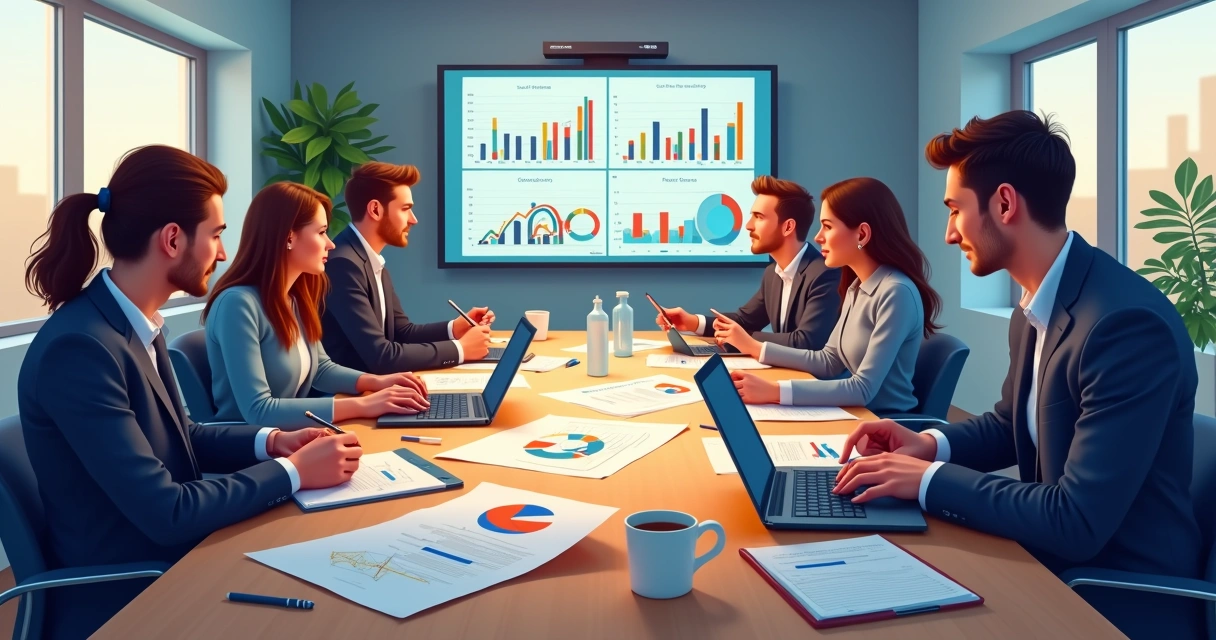 Equipe analisando gráficos e indicadores em reunião na empresa. 