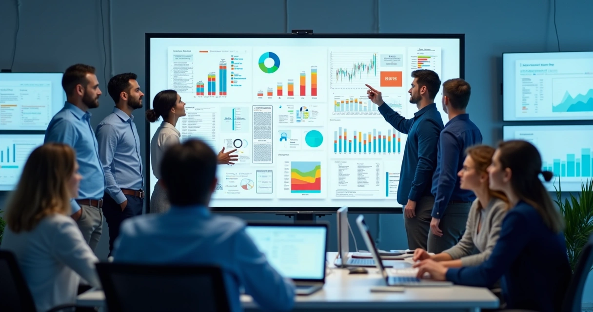Quadro branco com gráficos e profissionais de TI analisando dados de help desk 