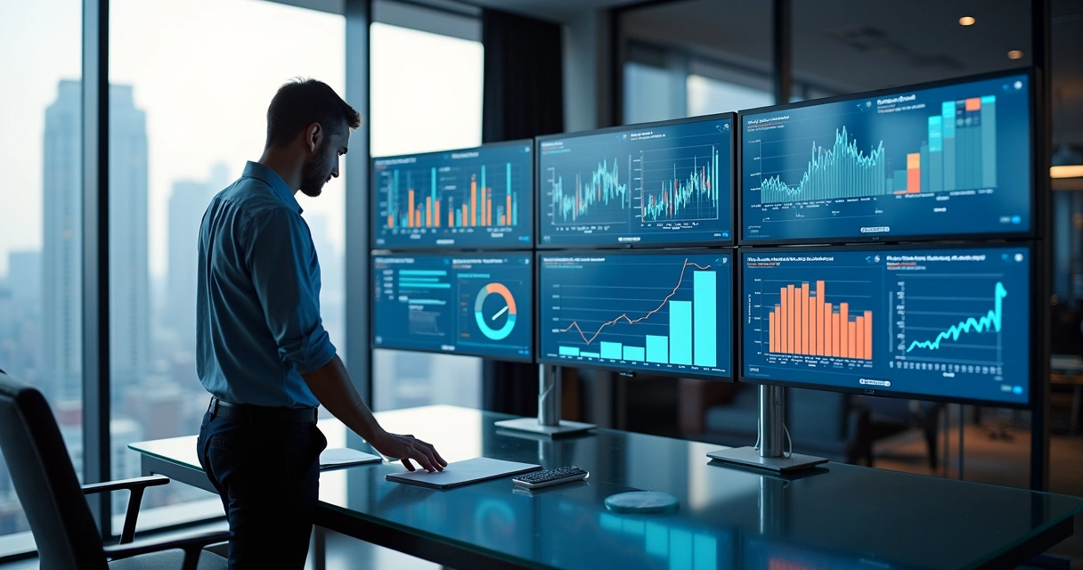Profissional analisando indicadores de vendas em dashboards digitais. 
