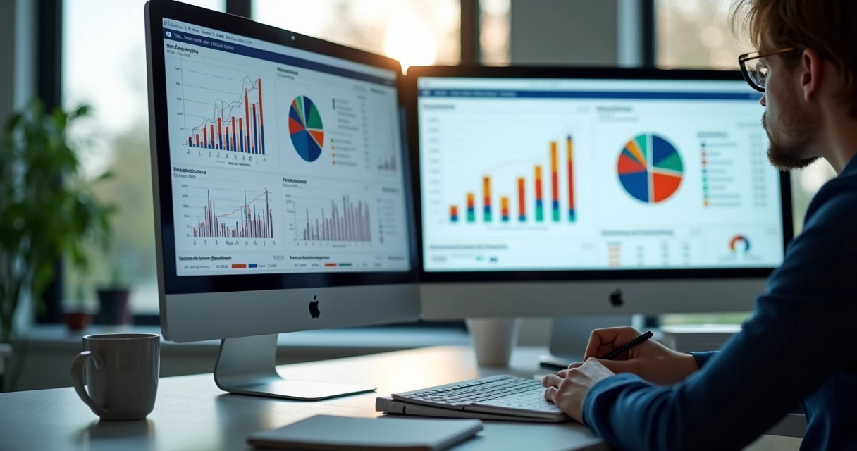 Profissional analisando indicadores de vendas em gráficos digitais 