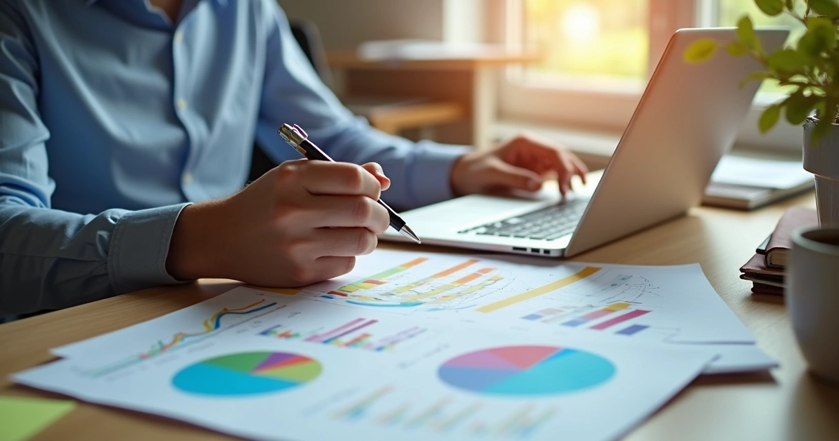 Pessoa analisando gráficos de taxas de aceitação do produto e anotações em um relatório 