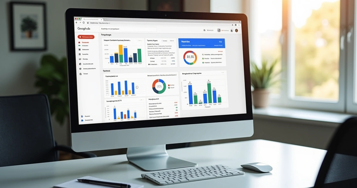 Tela de computador mostrando painel do Google Ads com gráficos de desempenho e índice de qualidade destacado 