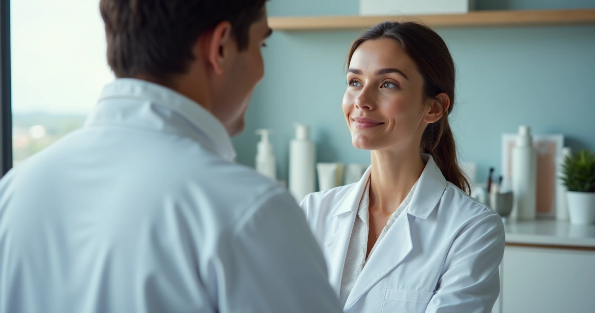 Médica analisando rosto de paciente para análise facial detalhada 