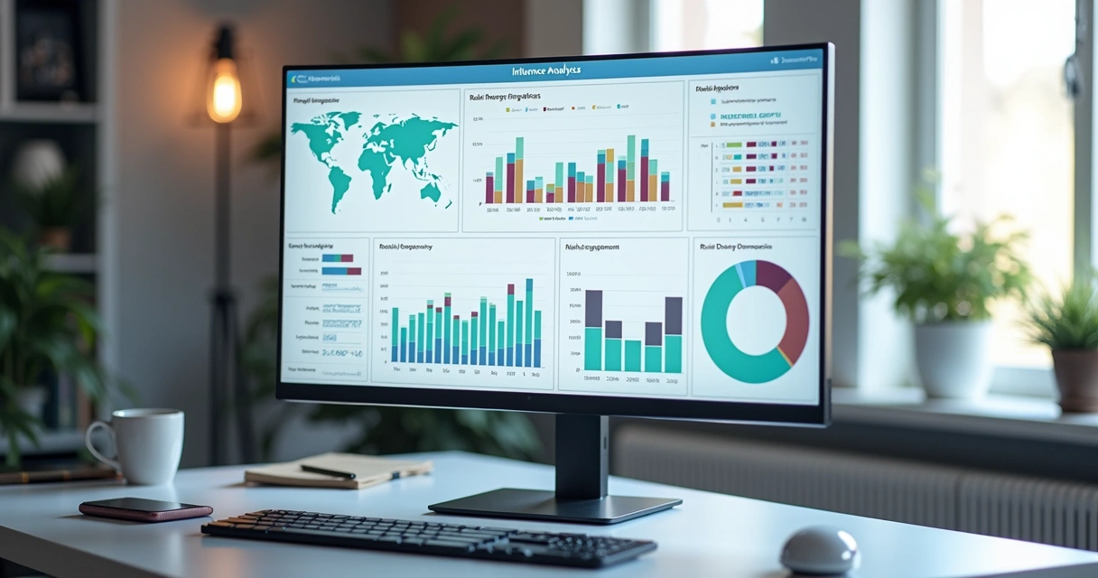 Tela de computador mostrando gráficos de desempenho, métricas de influência e relatórios de campanha digital 
