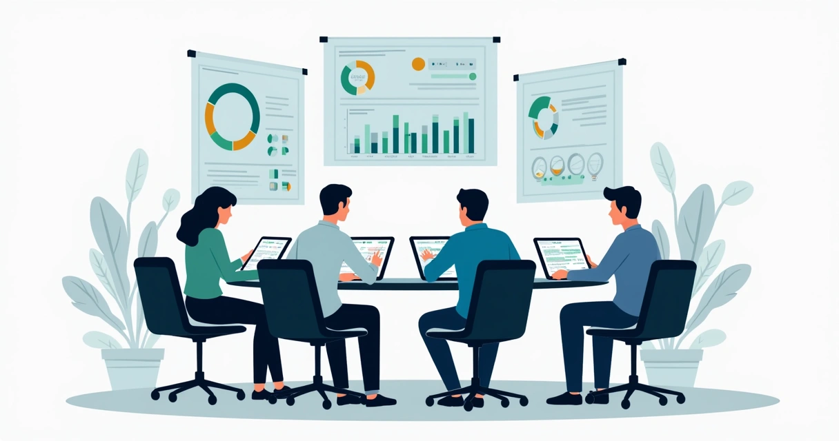 Equipe de marketing cruza dados digitais sobre influenciadores em mesa redonda 