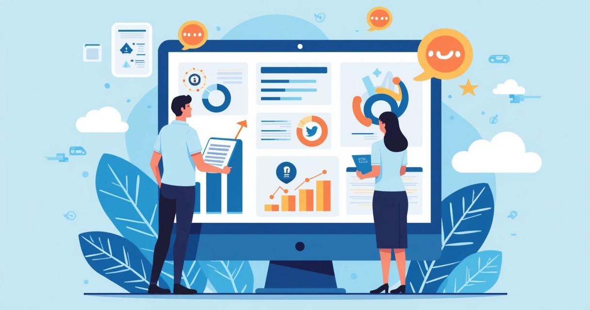 Ilustração corporativa plana de pessoa analisando dados em tela digital sobre influenciadores e segurança de marca, com gráficos, ícones de redes sociais e alertas de risco ao fundo 