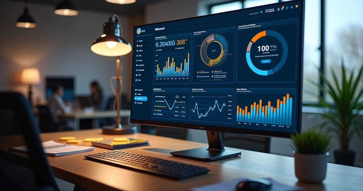 Dashboard de análise de reputação de influenciadores digitais em tela de computador, gráficos e mensagens em destaque