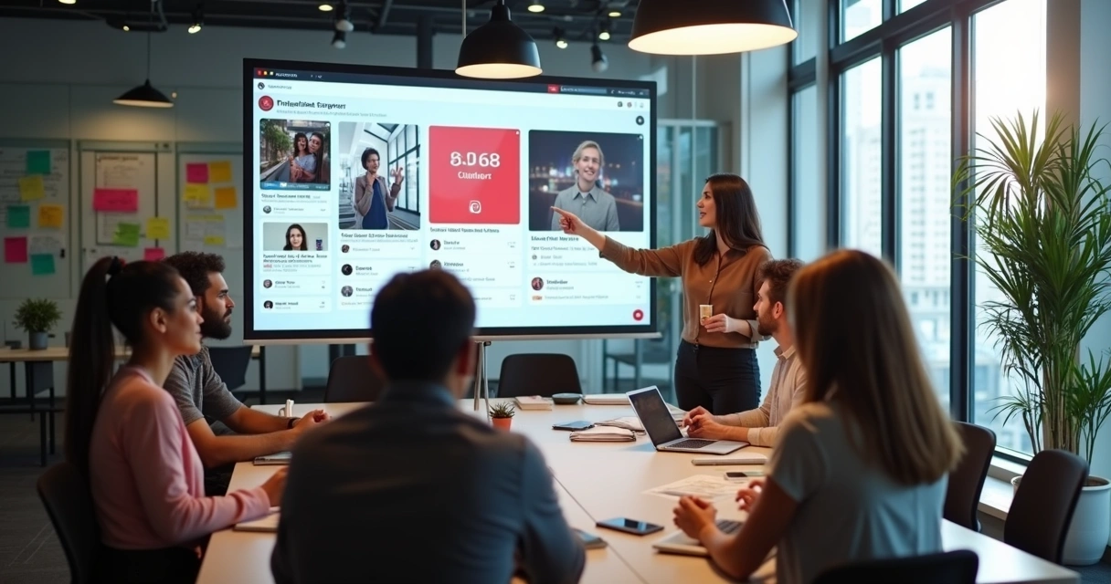 Equipe analisando vídeos baixados do Pinterest em telão