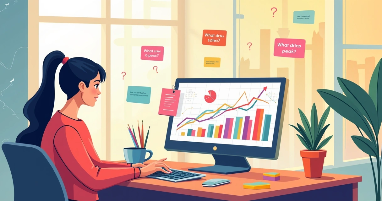 Escritório iluminado com mesa organizada, laptop exibindo gráficos de vendas e notas adesivas com perguntas sobre vendas.