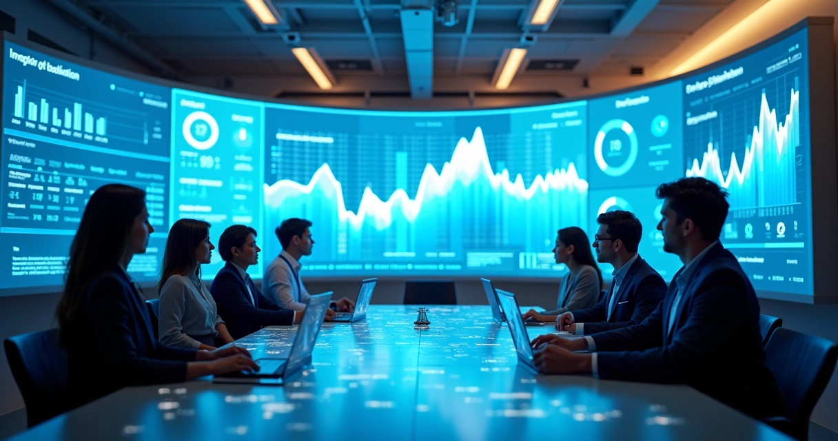 Gráficos interativos em uma mesa de trabalho com pessoas analisando dados. 