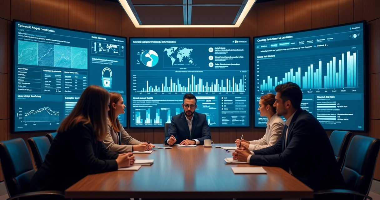 Equipe analisando dashboards de inteligência artificial para obrigações tributárias