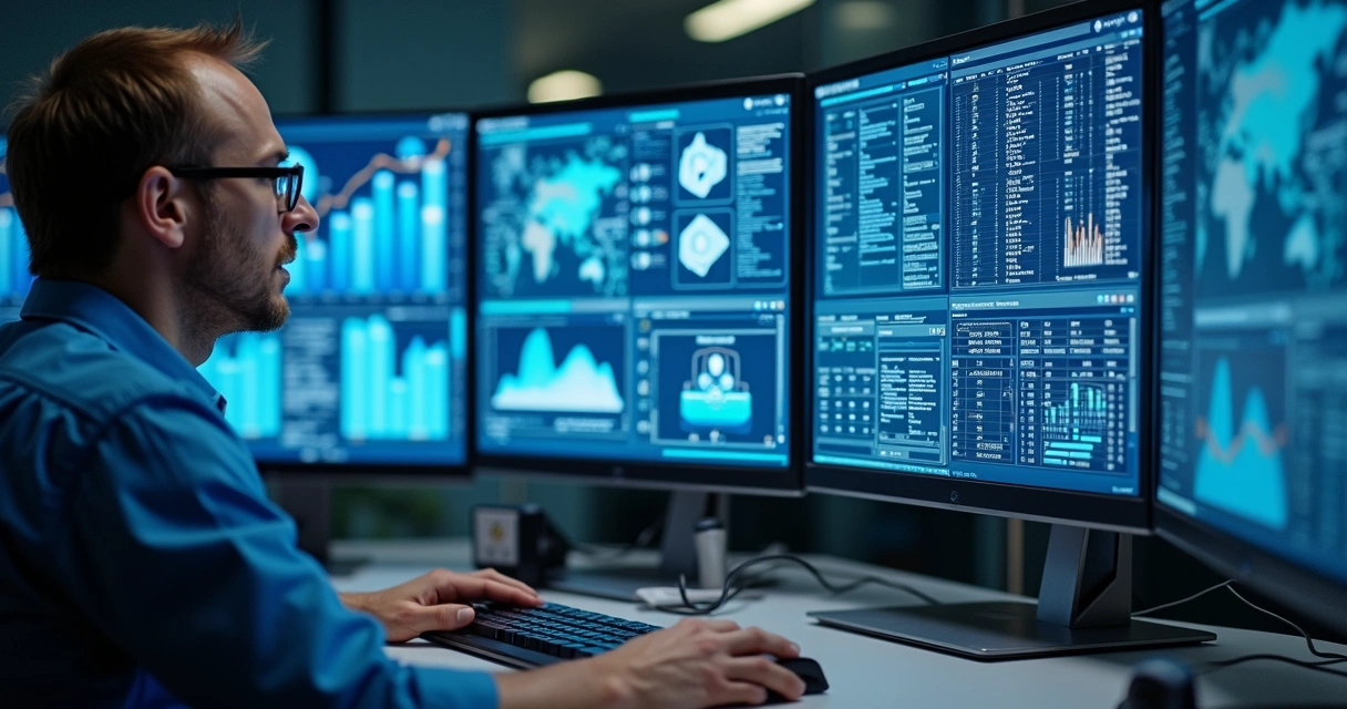 Analista de segurança monitorando vários painéis de dados com apoio de IA 