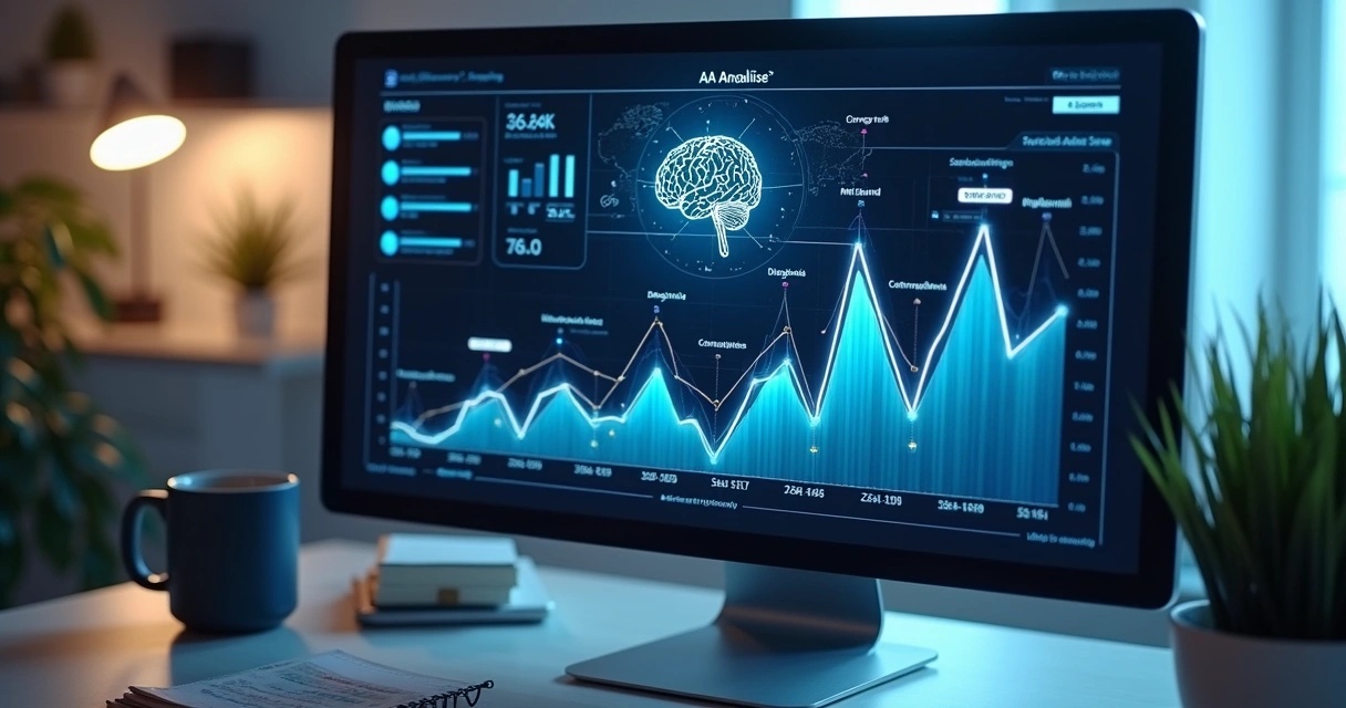 Painel de análise com gráficos de vendas e IA em destaque 