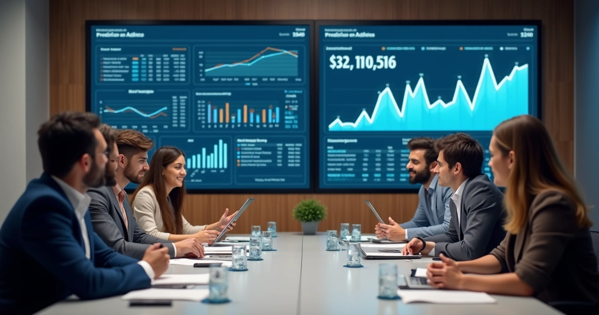 Equipe analisando dados financeiros em telas digitais 