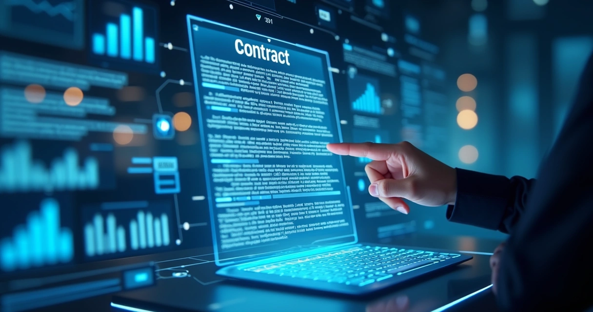 Inteligência artificial analisando contratos digitais em tela 