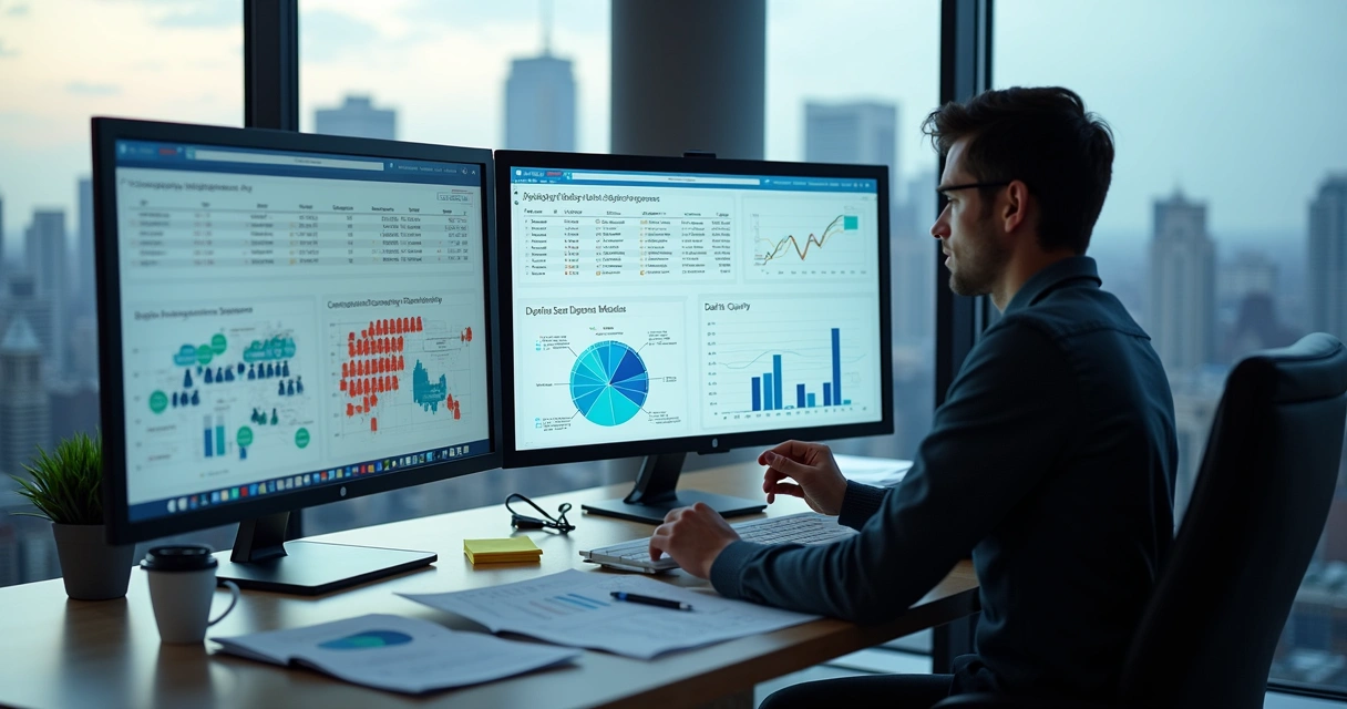 Especialista analisando gráficos de inteligência empresarial no Brasil 