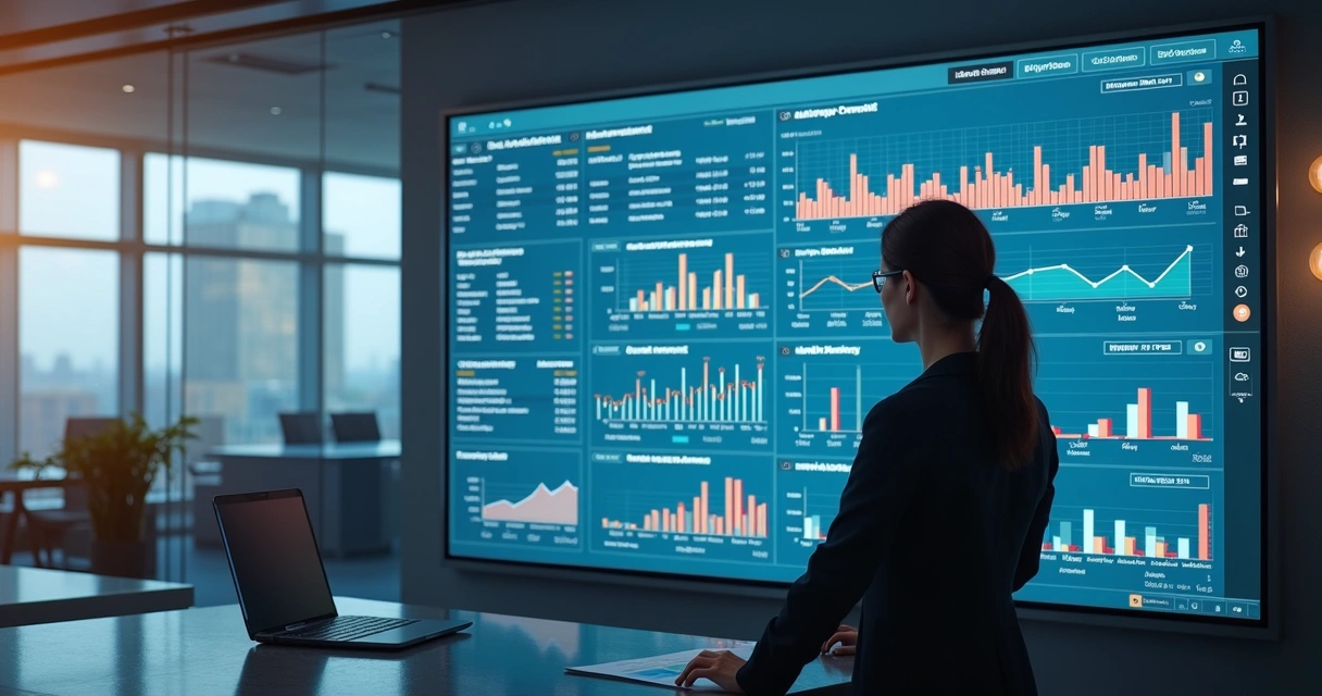 Analista explora gráficos e mapas de calor em grande monitor 