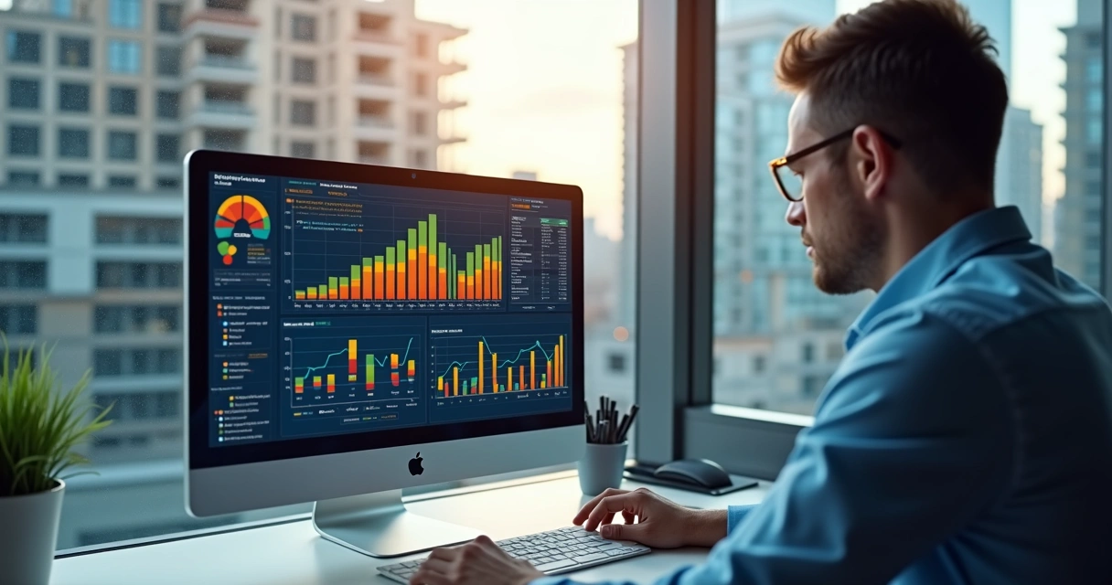 Especialista em inteligência de mercado analisando gráficos e dados de construção civil