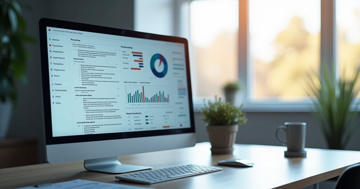 Computador moderno exibindo análise de currículo com gráficos e indicadores digitais 