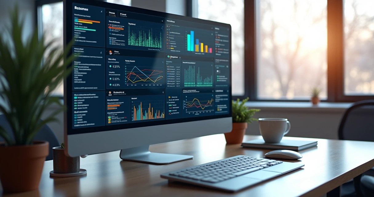 Computador mostrando análise de currículos com gráficos e algoritmos de inteligência artificial 