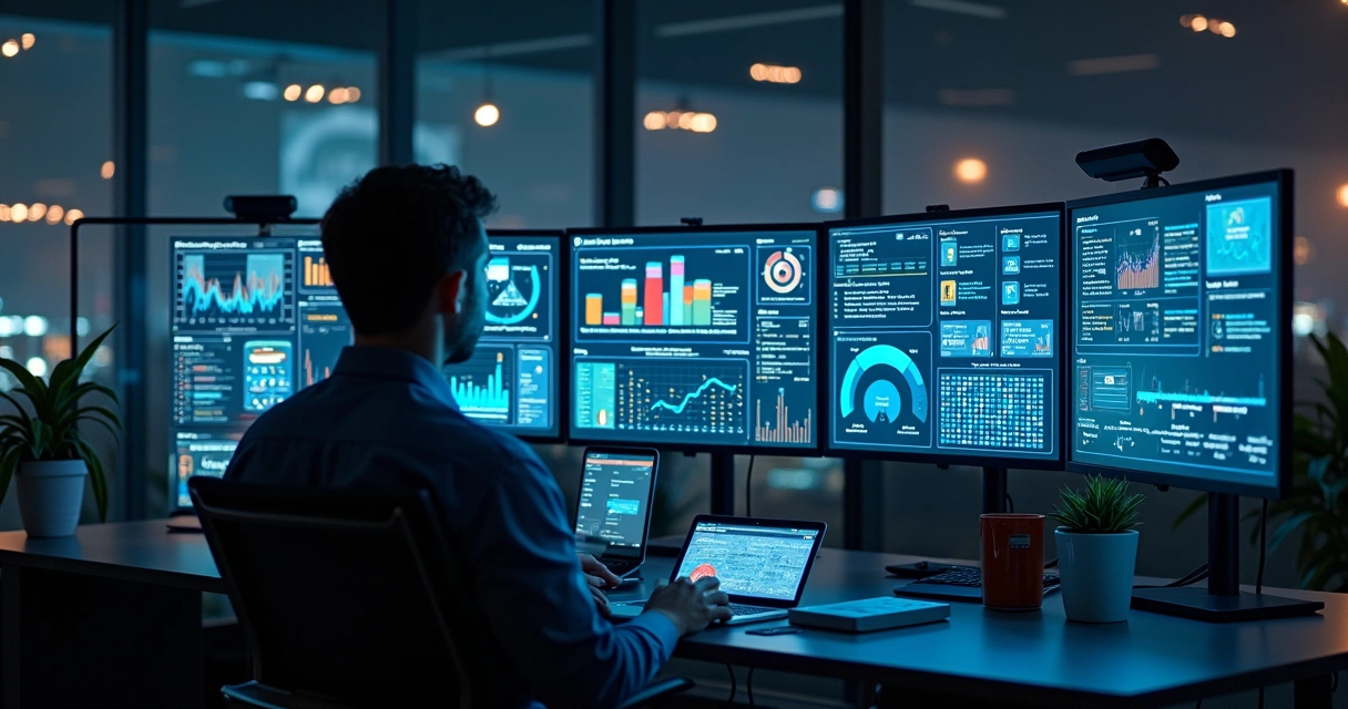 Painéis digitais com gráficos e inteligência artificial analisando dados empresariais. 