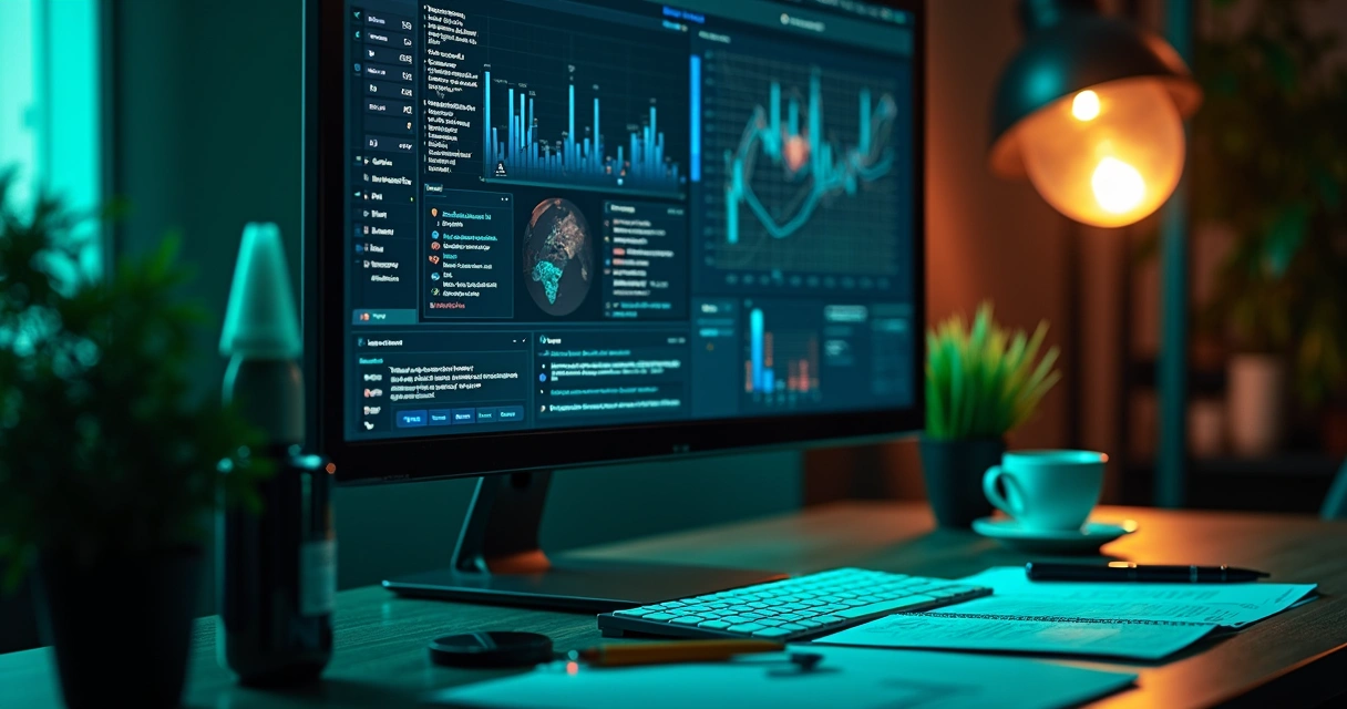 Tela de computador analisando dados fiscais com elementos de inteligência artificial e gráficos 