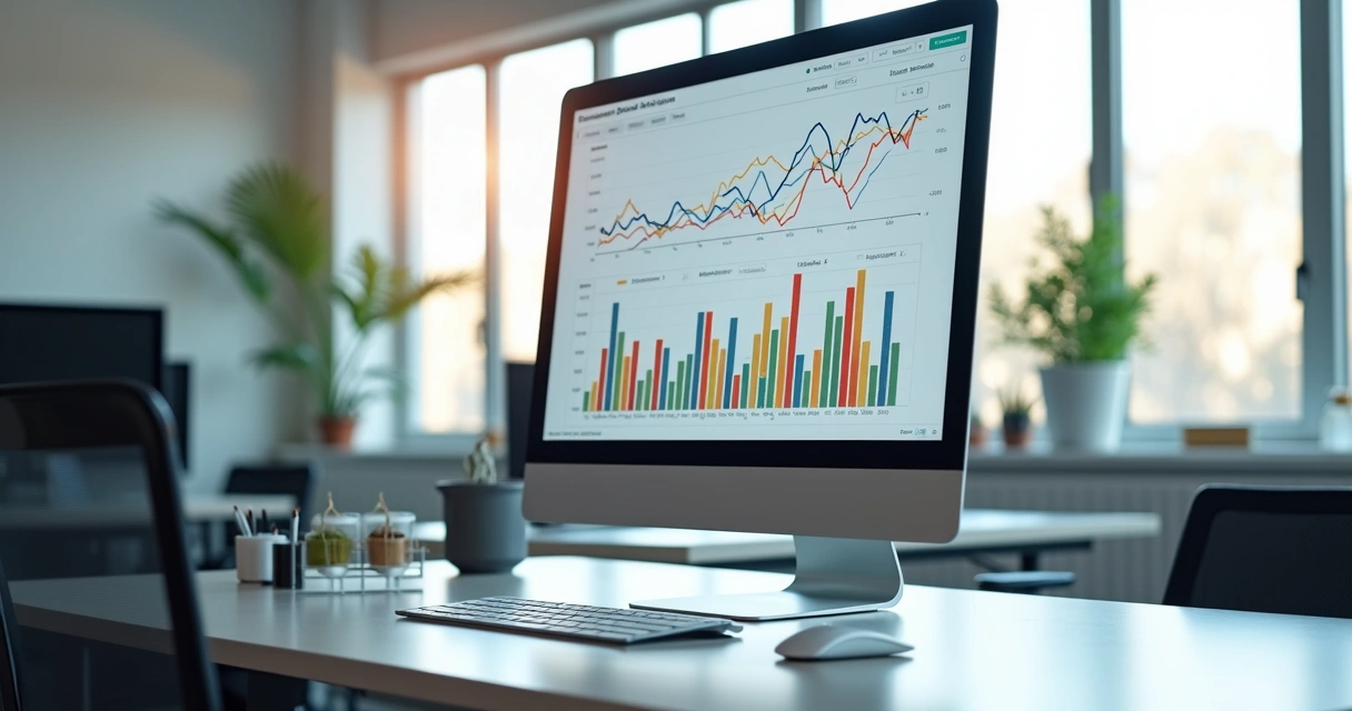 Computador exibindo gráficos detalhados de previsão de demanda sazonal em tela ultrarrealista 