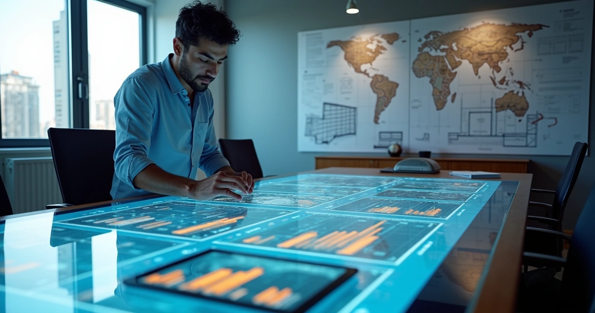 Engenheiro analisando gráficos digitais de obras 