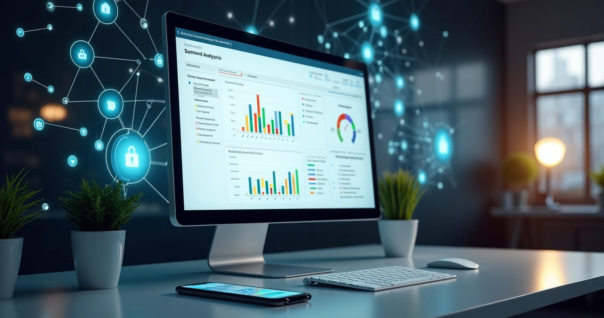 Tela com dashboard digital mostrando análise de sentimentos e score de segurança em redes sociais 