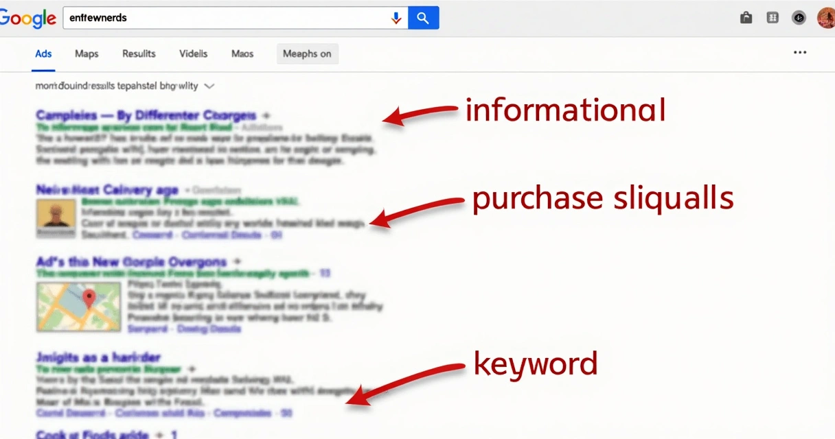 Página de resultados no Google com buscas variadas, setas destacando entre intenções de conteúdo e intenções de compra 