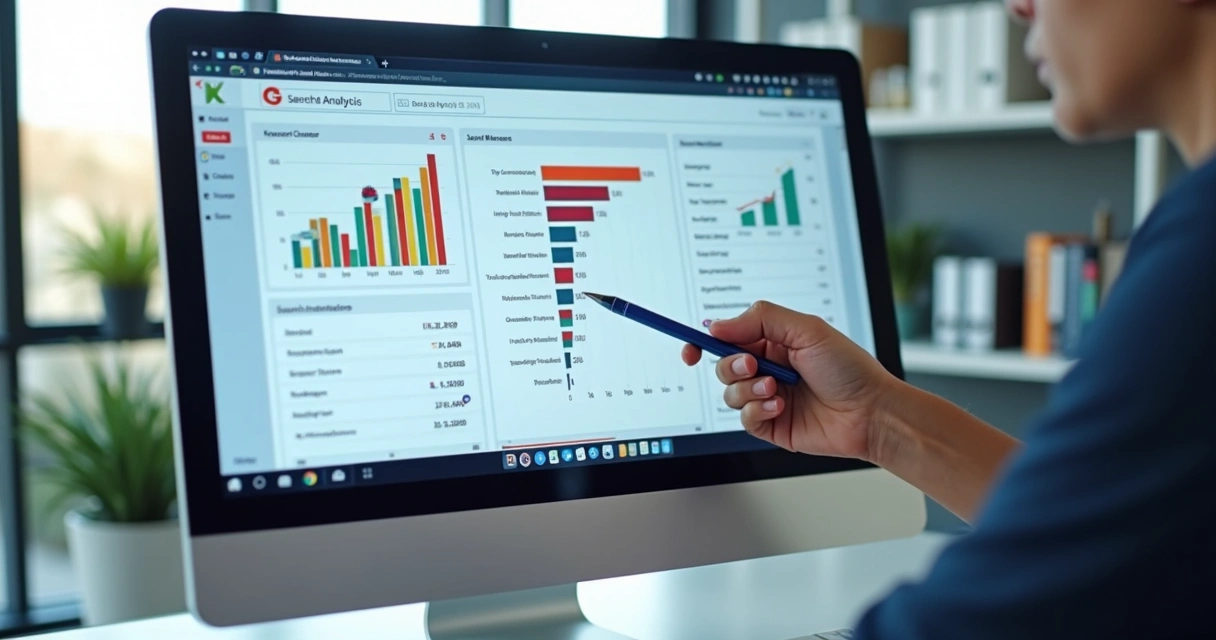Tela de computador mostrando análise de intenção de busca com gráficos e palavras-chave 