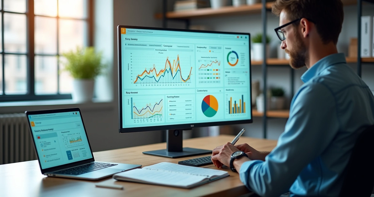 Profissional analisando intenção de busca em gráficos de SEO no computador 