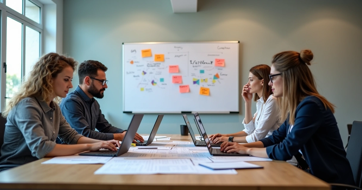 Equipe de marketing digital analisando intenções de busca em computadores 