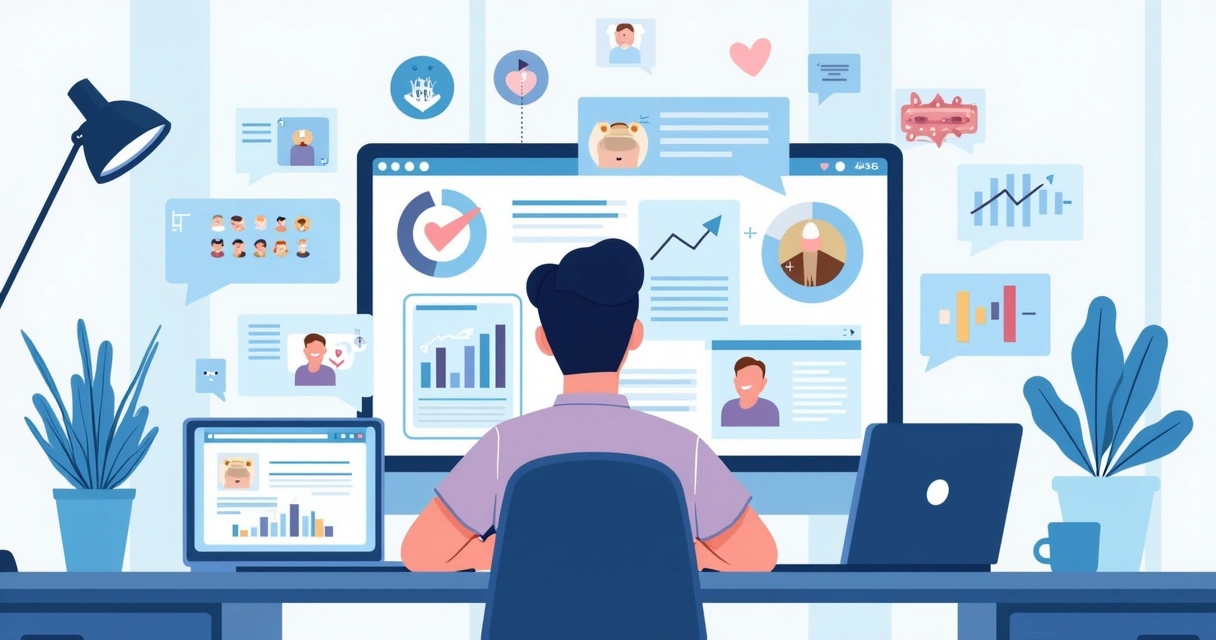 Pessoa analisando interações em redes sociais por vários dispositivos digitais, gráficos e mensagens. 