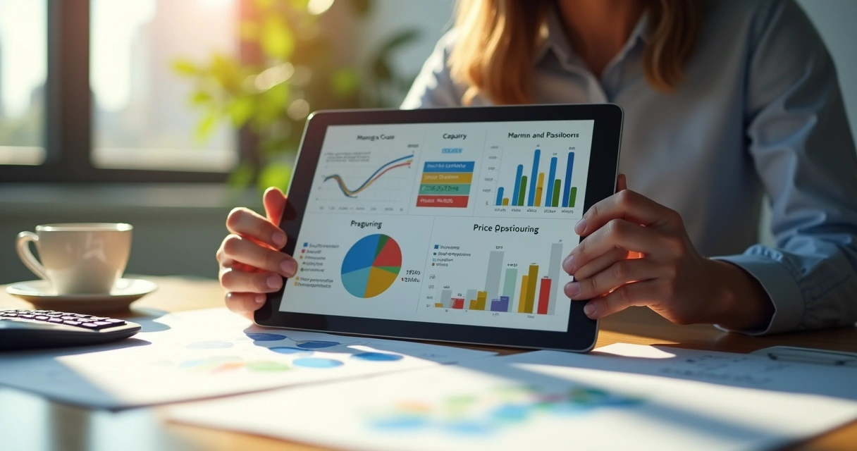 Gestor analisando gráficos de margem, custo e preço em escritório 