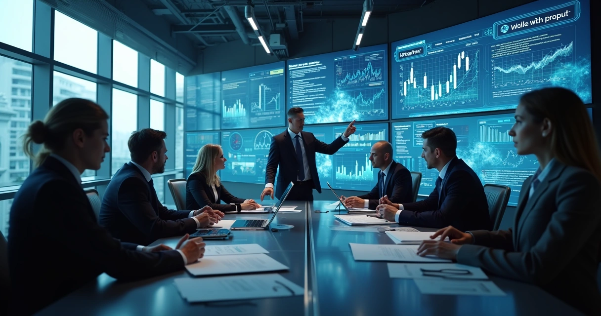 Equipe de advogados analisando documentos e gráficos em escritório moderno com telas digitais 