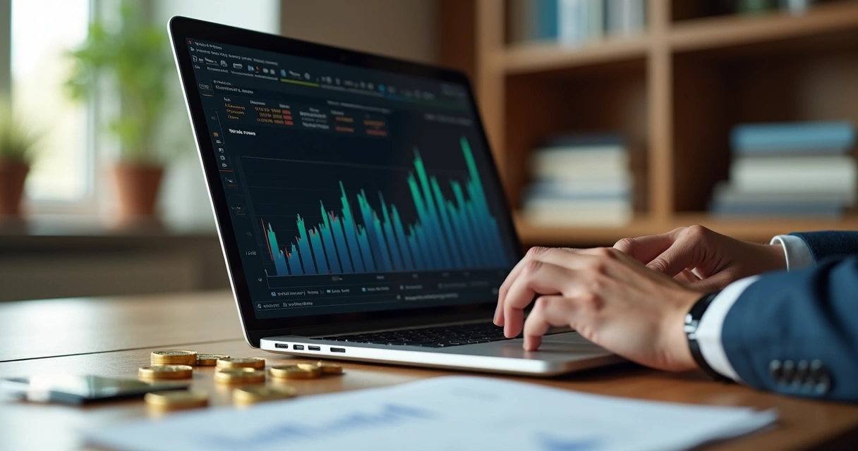 Pessoa avaliando gráficos financeiros em laptop com moedas e cartão cashback na mesa 