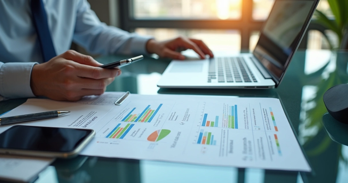 Empresário avaliando custos de chatbot em planilha e notebook