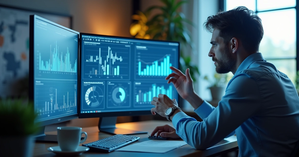 Profissional analisando gráficos de marketing digital com expressão pensativa