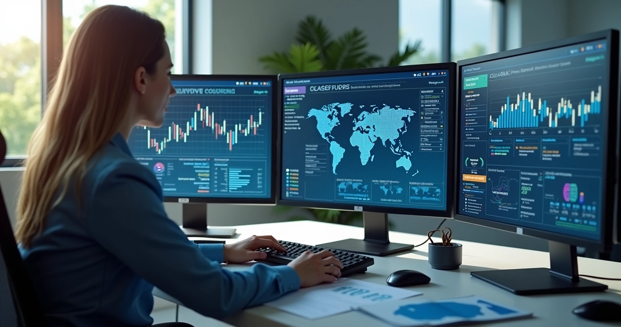 Profissional analisando gráficos de custos e retornos de investimento em inteligência artificial em um escritório moderno 