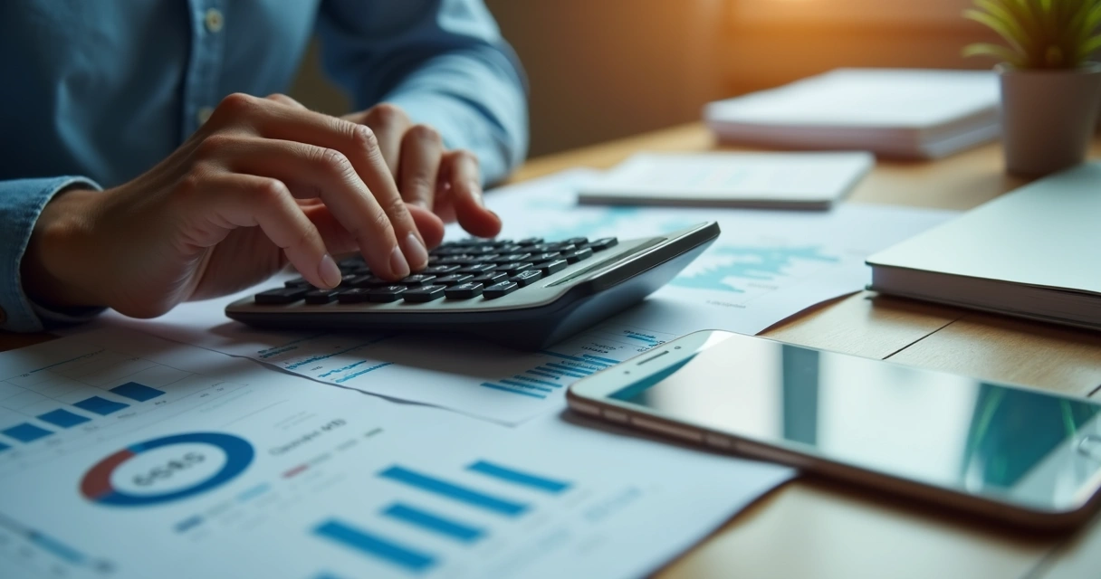 Pessoa analisando investimentos com gráficos, calculadora e notas ao lado 