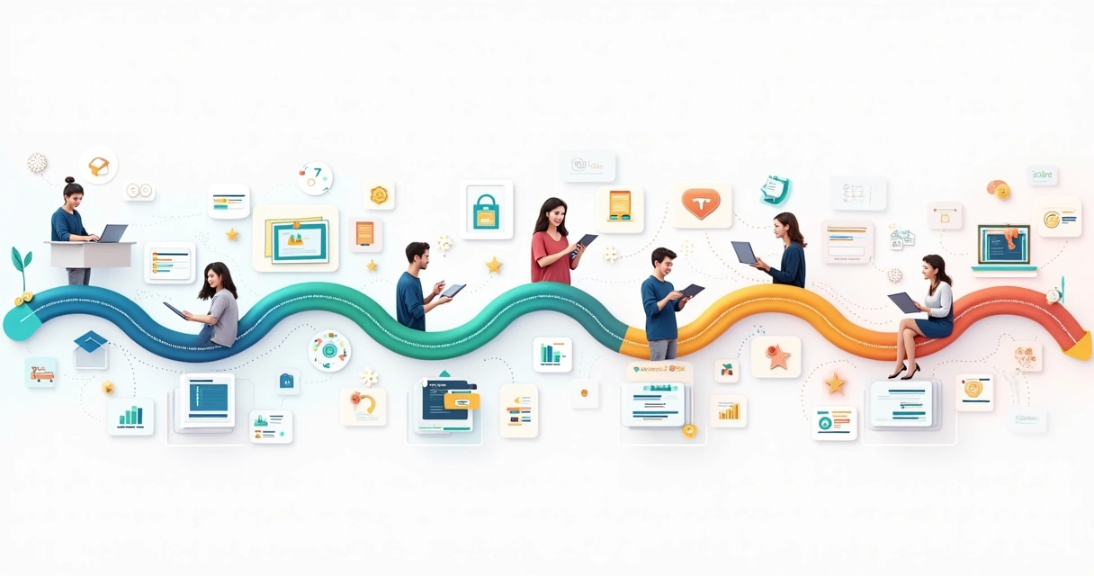 Fluxograma colorido mostrando a jornada do aluno desde o primeiro contato até a formatura. 