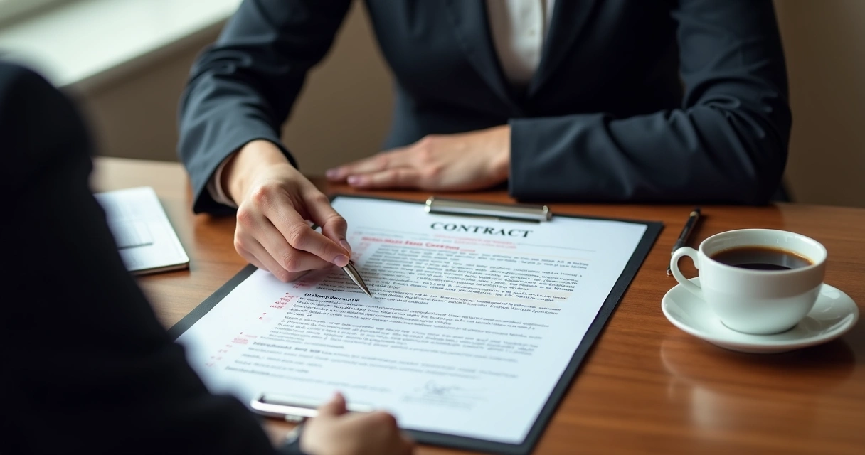 Advogada analisando contrato imobiliário com cliente, apontando cláusulas de risco 
