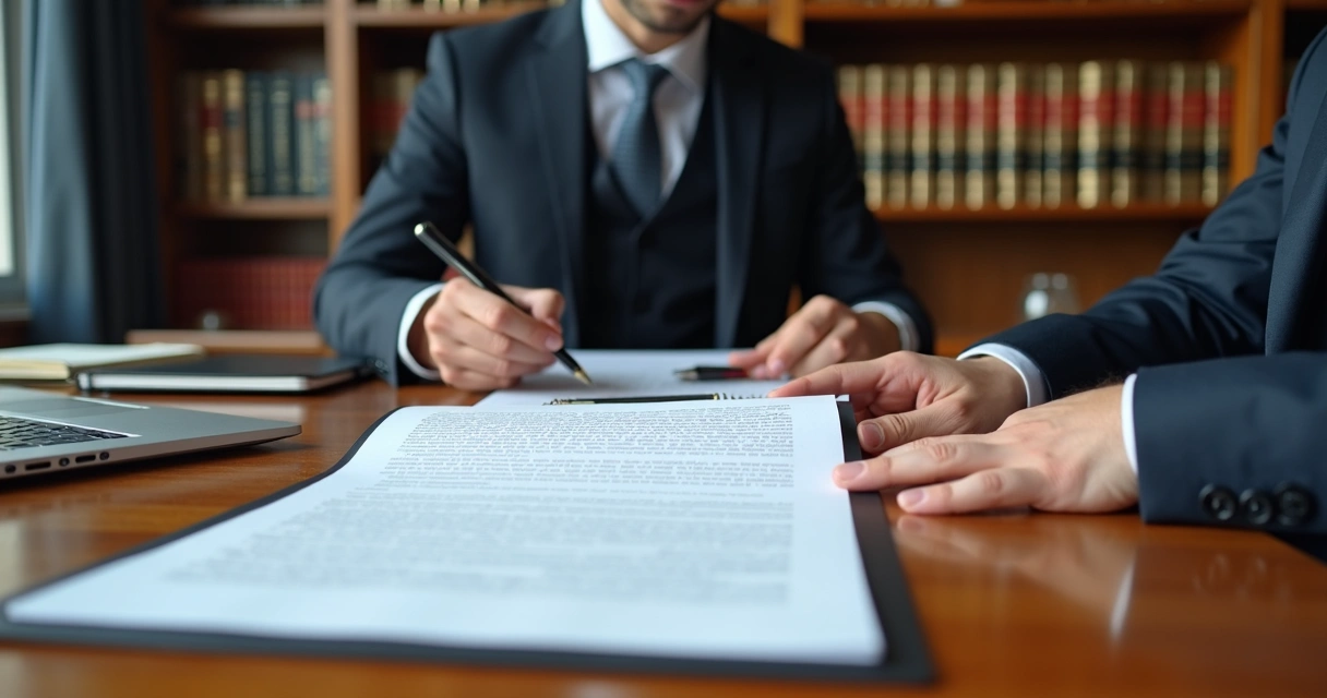 Advogados analisando contrato societário em escritório com livros de direito