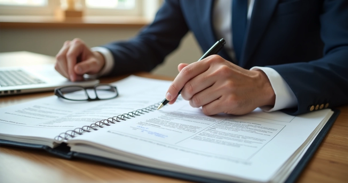 Advogada revisando documentos imobiliários em escritório 