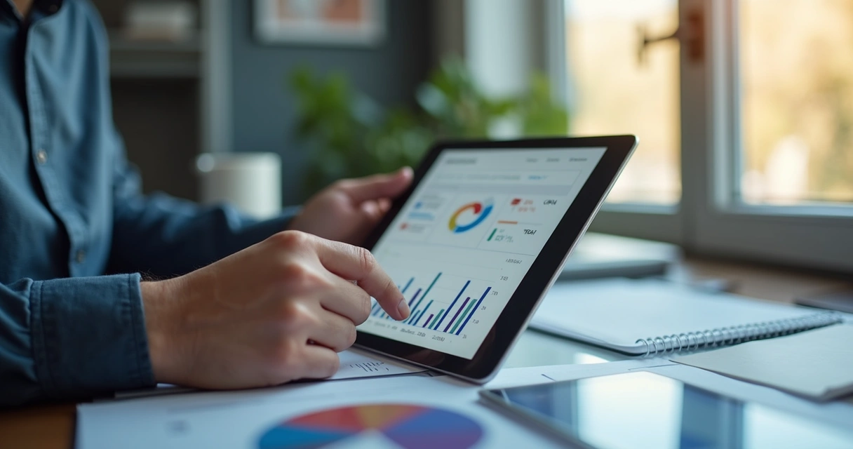 Profissional analisando gráficos de KPIs de vendas em tablet 