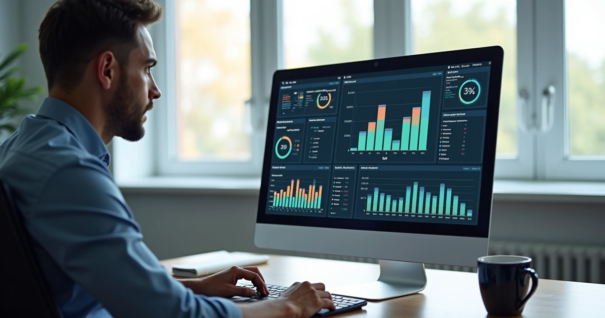 Profissional analisando gráficos de KPIs em tela de computador 