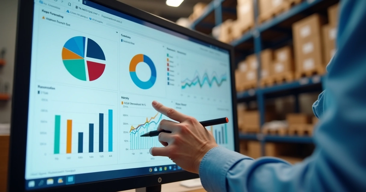 Dashboard de KPIs de previsão de demanda em tela de computador com gráficos 
