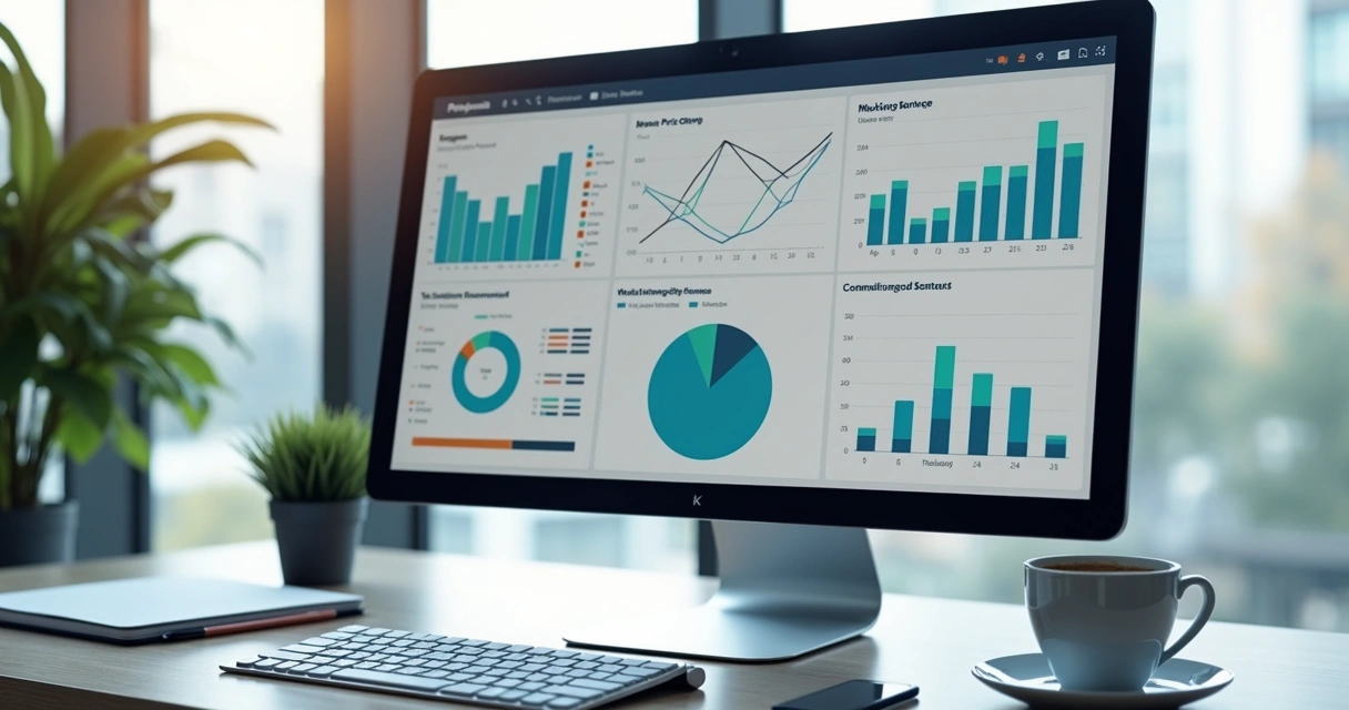 Monitor com gráficos detalhados de KPIs de assessoria de imprensa digital 